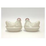 2 VTG MILK GLASS HEN ON NEST TRINKET DISHES