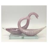 GEA ART GLASS PINK SWANS SCULPTURE