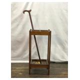 VTG SQUARE WOODEN UMBRELLA CANE STAND BRASS TRAY