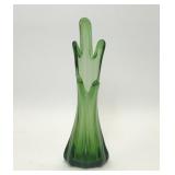 VTG GREEN GLASS SWUNG VASE FIVE FINGER