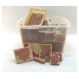 Tote full of wood rubber stamps, crafts