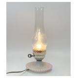 VTG PINK MILK GLASS ELECTRIC HURRICANE TABLE LAMP