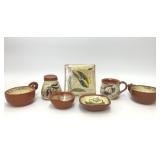 7 PIECES WELDEN PA DUTCH REDWARE MOTTO POTTERY