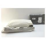 2 SETS OF LINED BEIGE DRAPES, 1 VALANCE 36'