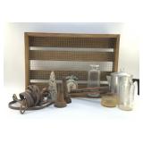 WOOD TRAY WITH ADVERTISING, OIL SPOUTS, BOTTLES