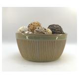 GREEN BROWN RIBBED CERAMIC BOWL & BALLS