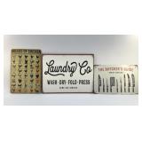3 METAL SIGNS CHICKENS, LAUNDRY, BUTCHERS KNIVES