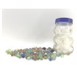 VINTAGE SKIPPY PEANUT BUTTER JAR WITH MARBLES