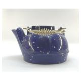 VTG BLUE ENAMELWARE SPECKLE CAST IRON TEA KETTLE