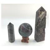 3 QUARTZ CRYSTALS, FLOURITE, SARDONYX