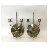 PAIR VTG BRASS DOUBLE CANDLE WALL SCONCES