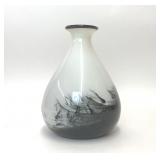 BLACK & WHITE STORM SWIRL TEARDROP ART GLASS VASE