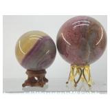 3 QUARTZ SPHERES, FLOURITE, WINE RHODONITE