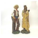 2 TALL COWBOY INDIAN RESIN STATUES