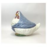 VTG POTTERY HEN CHICKEN TUREEN BLUE STIPPLE SHAWL