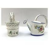PORTUGAL POTTERY WATERING CAN, BASKET 7'
