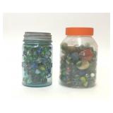 2 JARS FULL OF GLASS MARBLES BLUE ATLAS MASON