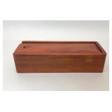 VTG WOODEN SLIDE TOP BOX FULL OF CANDLESTICKS