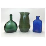 3 BLUE GREEN GLASS BOTTLES VASE