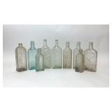 9 VTG BLUE CLEAR GLASS MEDICINE ALCOHOL BOTTLES
