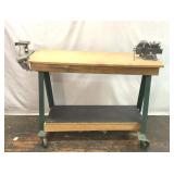 52 x 17 x 34" rolling work table with two vices