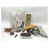 ASSORTED LEATHER CRAFTING TOOLS AND SCRAPS