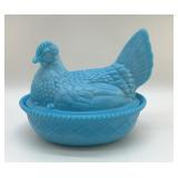 1960S BLUE SLAG GLASS HEN ON A NEST 7"