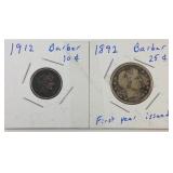 1892 Barber quarter and 1912 barber dime 1892 Barber quarter and 1912 barber dime