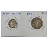 1934 Mercury dime and 1927 standing quarter 1934 Mercury dime and 1927 standing quarter