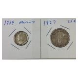 1934 Mercury dime and 1927 standing quarter