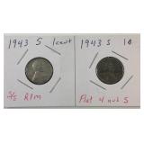 Two 1943S steel pennies Two 1943S steel pennies