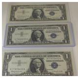 3 UNC 1957 blue Seal dollar notes