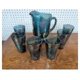VINTAGE BLUE CARNIVAL GLASS PITCHER & TUMBLER SET