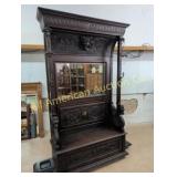 ANTIQUE OAK HALL TREE WITH SEAT WITH GRIFFINS