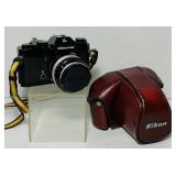 Nikkormat EL Camera, 50mm Lens, Red Leather Case