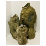 3 Large decorative clay Coi Fish. Minor damage on 3 Large decorative clay Coi Fish. Minor damage on