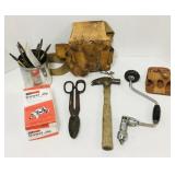 Carpentry lot. Tool belt, hammer, dowel jig, hand Carpentry lot. Tool belt, hammer, dowel jig, hand