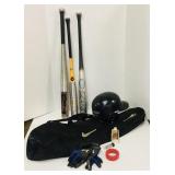 Softball bats, helmet, Nike bag and Under Armor