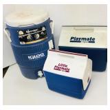 Igloo water cooler and 2 Playmate coolers.