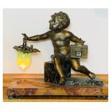 Old Brass Lamp on Marble Base, Kid, Cage and Lamp