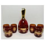 Red Glass w/ Gold Accents, Decanter with 6 Red Glass w/ Gold Accents, Decanter with 6