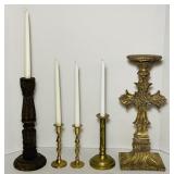 5 Candle Stick Holders, 3 are Brass, left one is 5 Candle Stick Holders, 3 are Brass, left one is