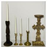 5 Candle Stick Holders, 3 are Brass, left one is