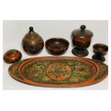 6 Piece USSR Made, Wooden Tray and Bowl Set, 6 Piece USSR Made, Wooden Tray and Bowl Set,
