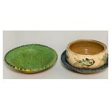 3 Piece Glazed Pottery, Fish Bowl with 2 Green 3 Piece Glazed Pottery, Fish Bowl with 2 Green