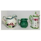 3 Pottery Pieces, Wheeling Pottery Pitcher, Green 3 Pottery Pieces, Wheeling Pottery Pitcher, Green