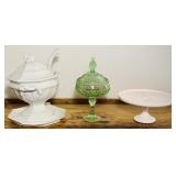 3 Pieces, Green Candy Dish, Pink Tint Cake Dish, 3 Pieces, Green Candy Dish, Pink Tint Cake Dish,