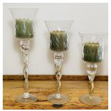 3 Twisted Stem Glass Candles. 16",14",12 high