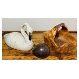Wooden Swan, Wooden Basket, Ceramic Acorn Wooden Swan, Wooden Basket, Ceramic Acorn