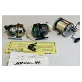 3 Fishing Reels, Johnson 710A, Shakespeare Model 3 Fishing Reels, Johnson 710A, Shakespeare Model